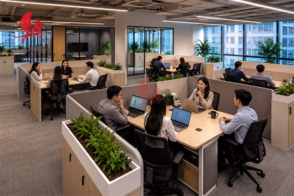 văn phòng Team Cluster cụm nhóm làm việc layout bố trí theo đội