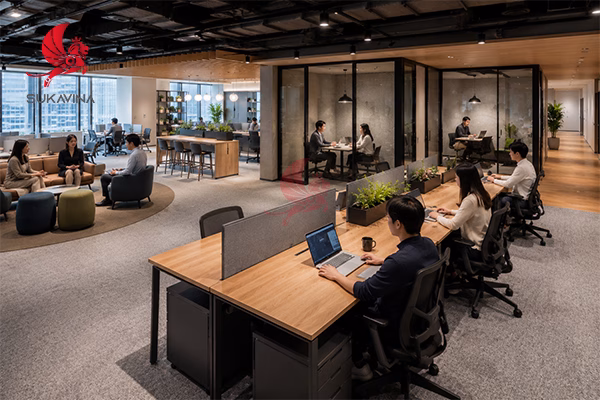 Hybrid Office Layout bố trí văn phòng hỗn hợp kết hợp open cubicle VP