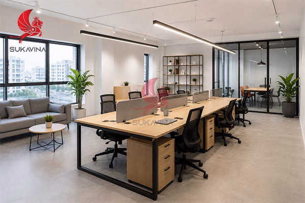 chi phí setup văn phòng startup 5-10 nhân sự không gian mở tối giản hiện đại