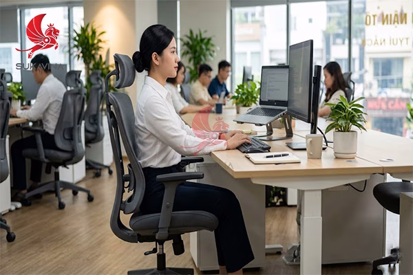bàn ghế nhân viên văn phòng mới tiêu chuẩn ergonomic kích thước phù hợp người Việt Nam