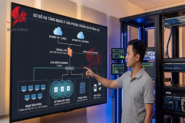 hạ tầng mạng IT văn phòng mới thiết kế chuẩn cho 20-50 nhân sự bảo mật firewall wifi 6