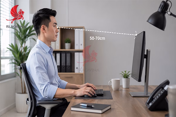 khoảng cách đúng giữa mắt và màn hình máy tính ergonomic