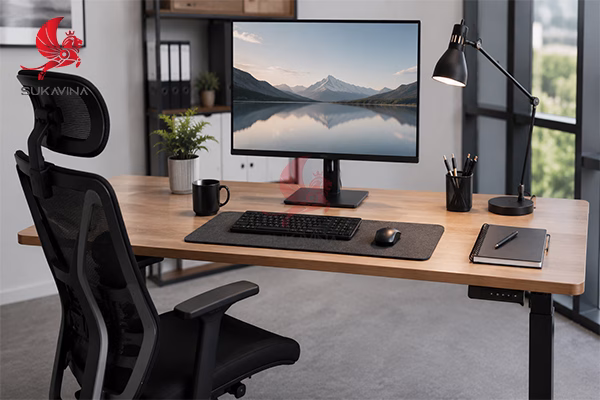 bàn làm việc ergonomic được bố trí khoa học văn phòng hiện đại