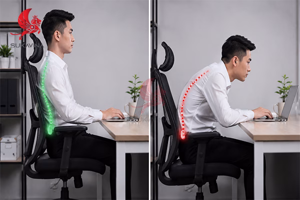 minh họa cột sống đúng và sai khi ngồi làm việc văn phòng